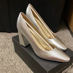 Marc Fisher Metallic Silver Block Heel Pumps